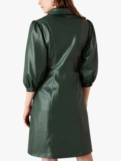 button down green leather dress women