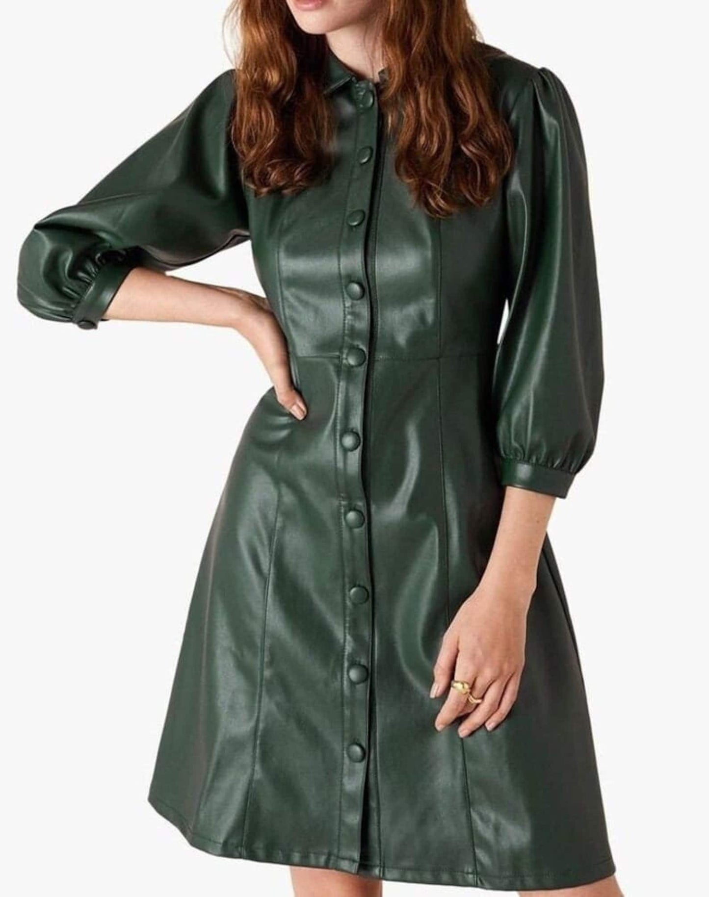 button down green leather dress women