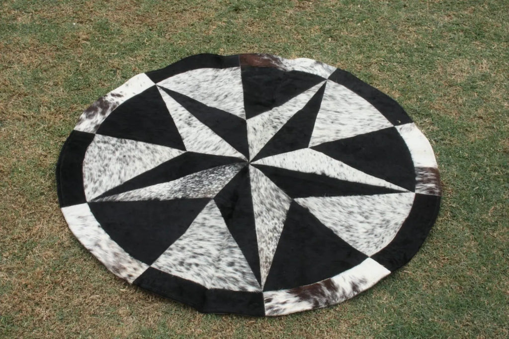 round patchwork cowhide rug