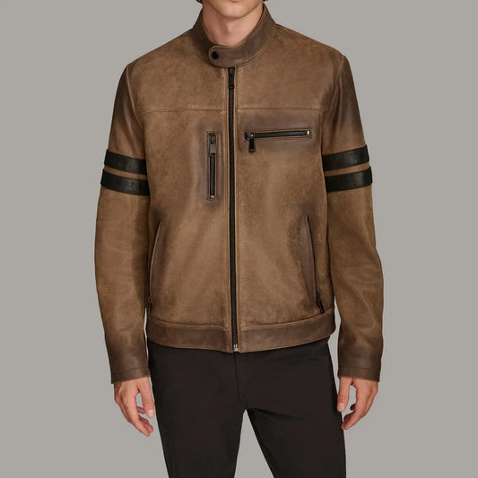 Genuine Leather Biker Coat with Black Arm Stripes
