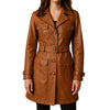 Tan Belted Leather Trench Coat for Women
