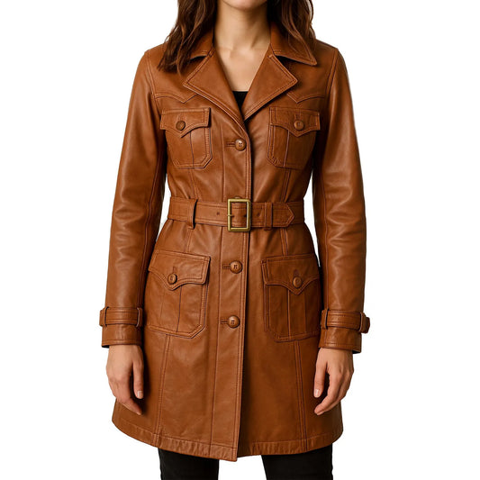 Tan Belted Leather Trench Coat for Women
