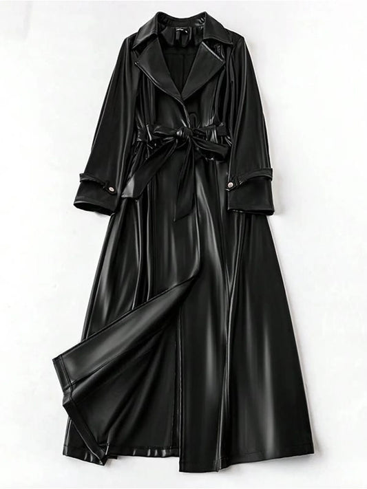 Black Leather Trench Coat Womens Long Belted Jacket