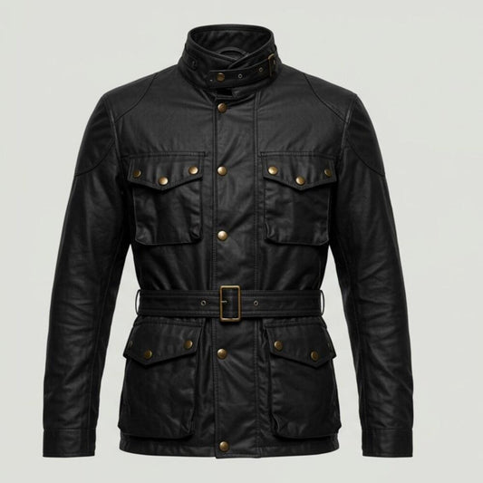 Men's Black Leather Jacket with Belt Military Style