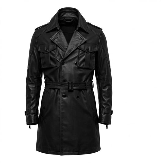 Men’s Black Leather Trench Coat Long Jacket