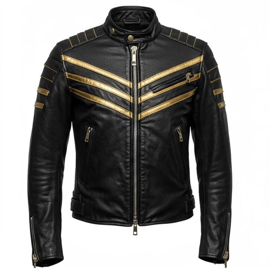 Men's Black Leather Jacket with Gold Stripes