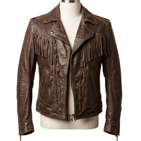 Zipper Men Leather Jacket with Fringe