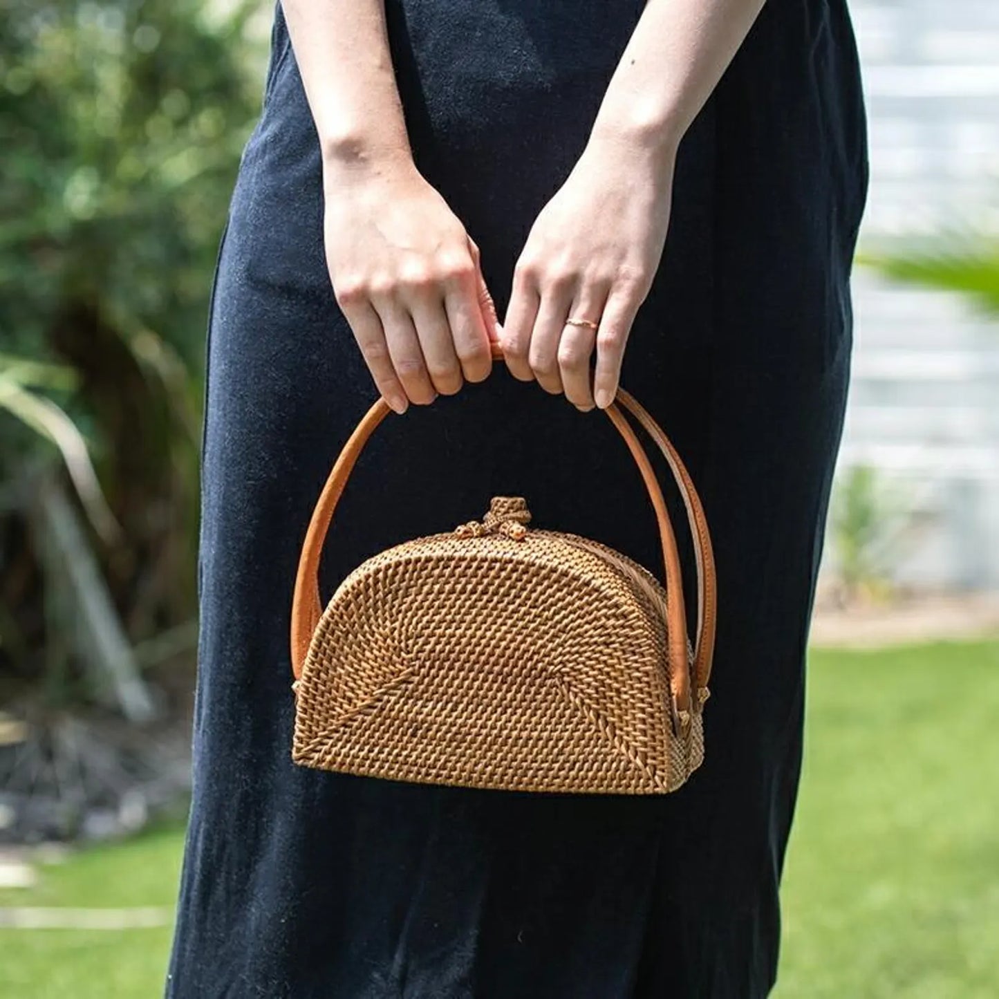 Dome Rattan Bag with Leather Handles