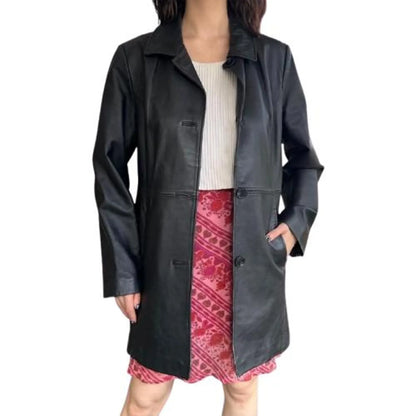 Women’s Black Leather Trench Coat Classic Buttoned