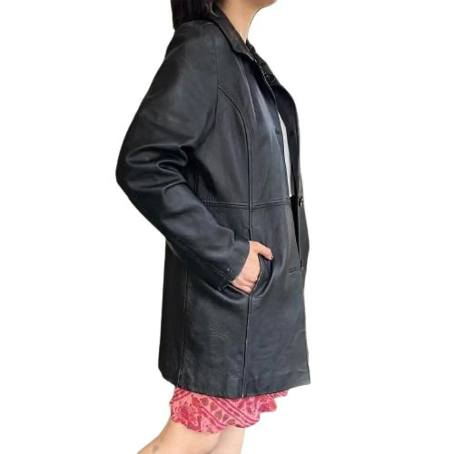 Women’s Black Leather Trench Coat Classic Buttoned