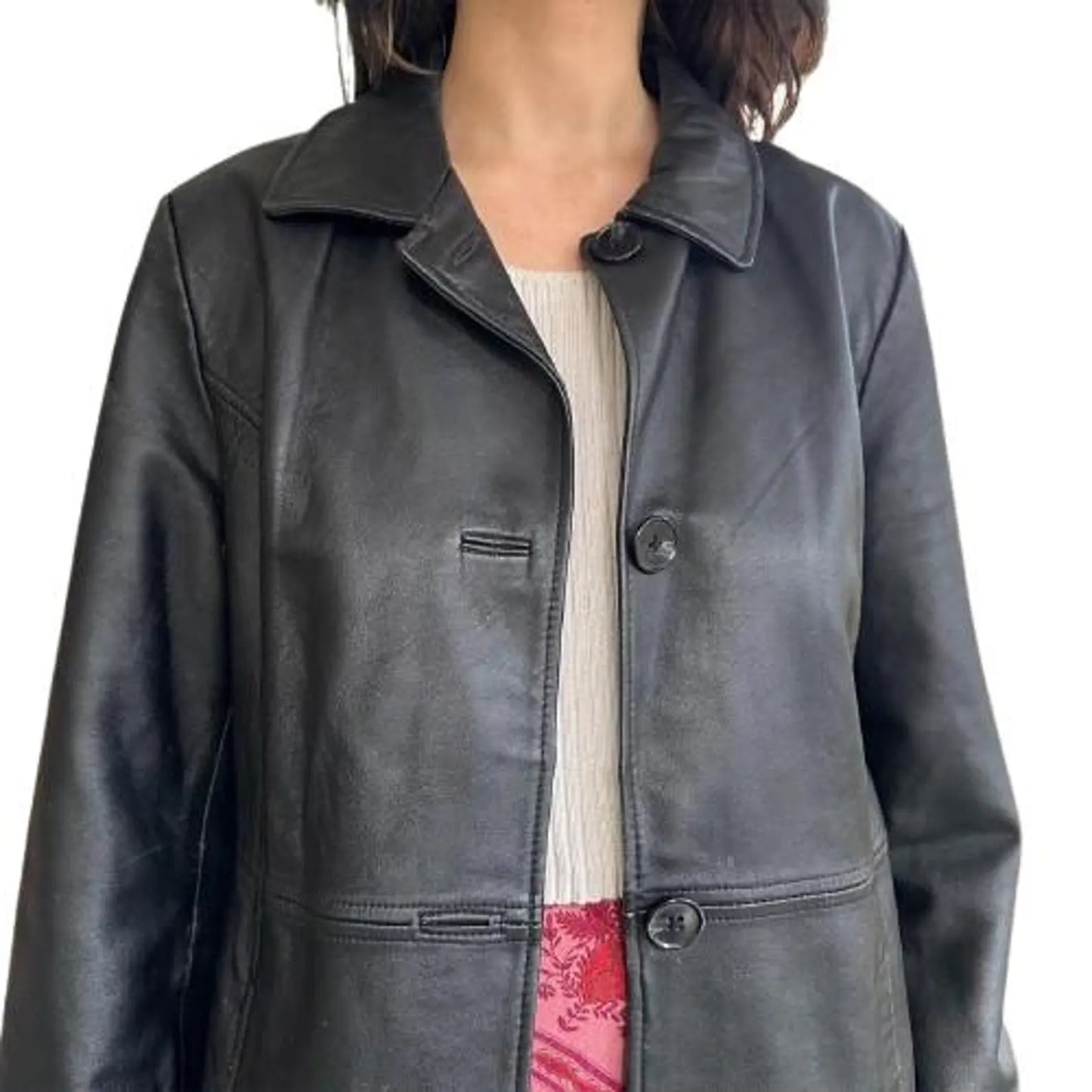 Women’s Black Leather Trench Coat Classic Buttoned