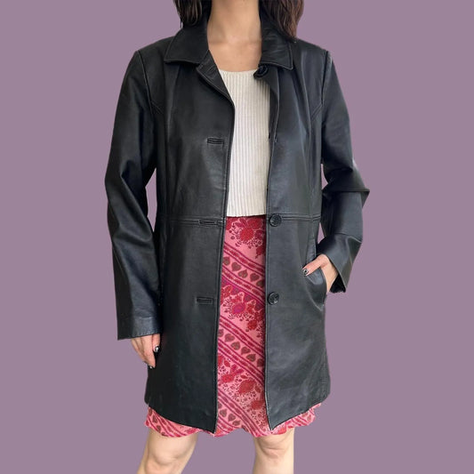 Women’s Black Leather Trench Coat Classic Buttoned