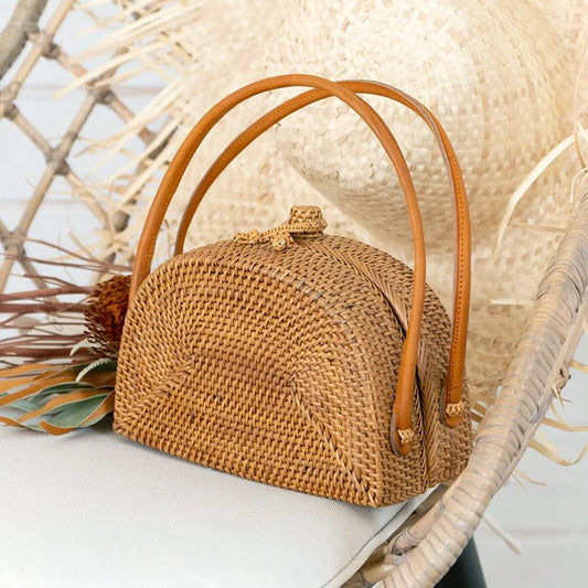 Dome Rattan Bag with Leather Handles
