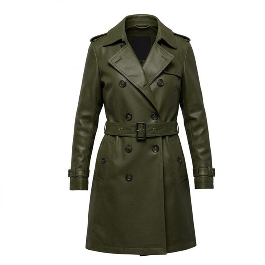 Olive Green Leather Trench Coat Mens Long Jacket