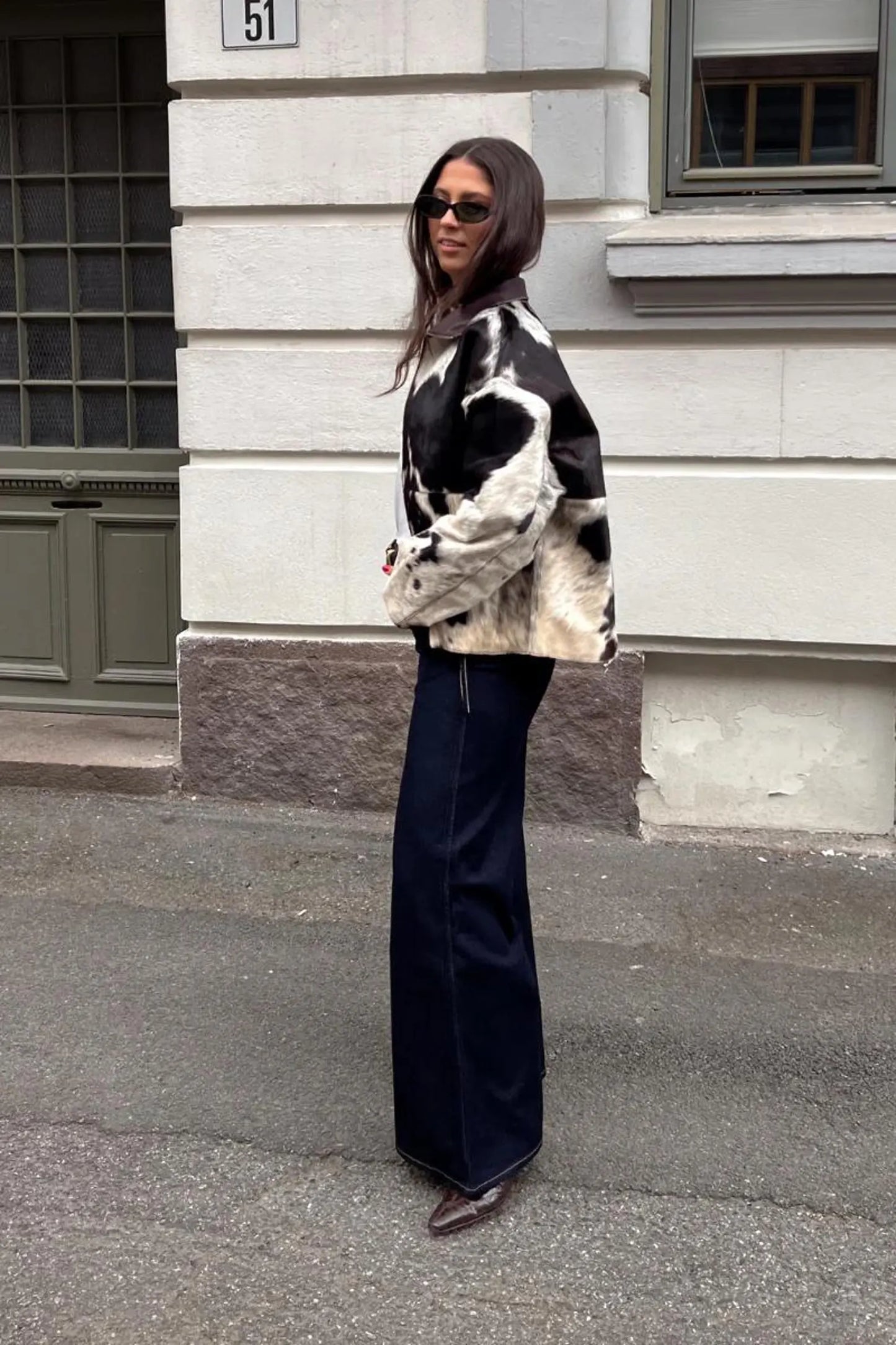 Women cowhide hair on leather jacket