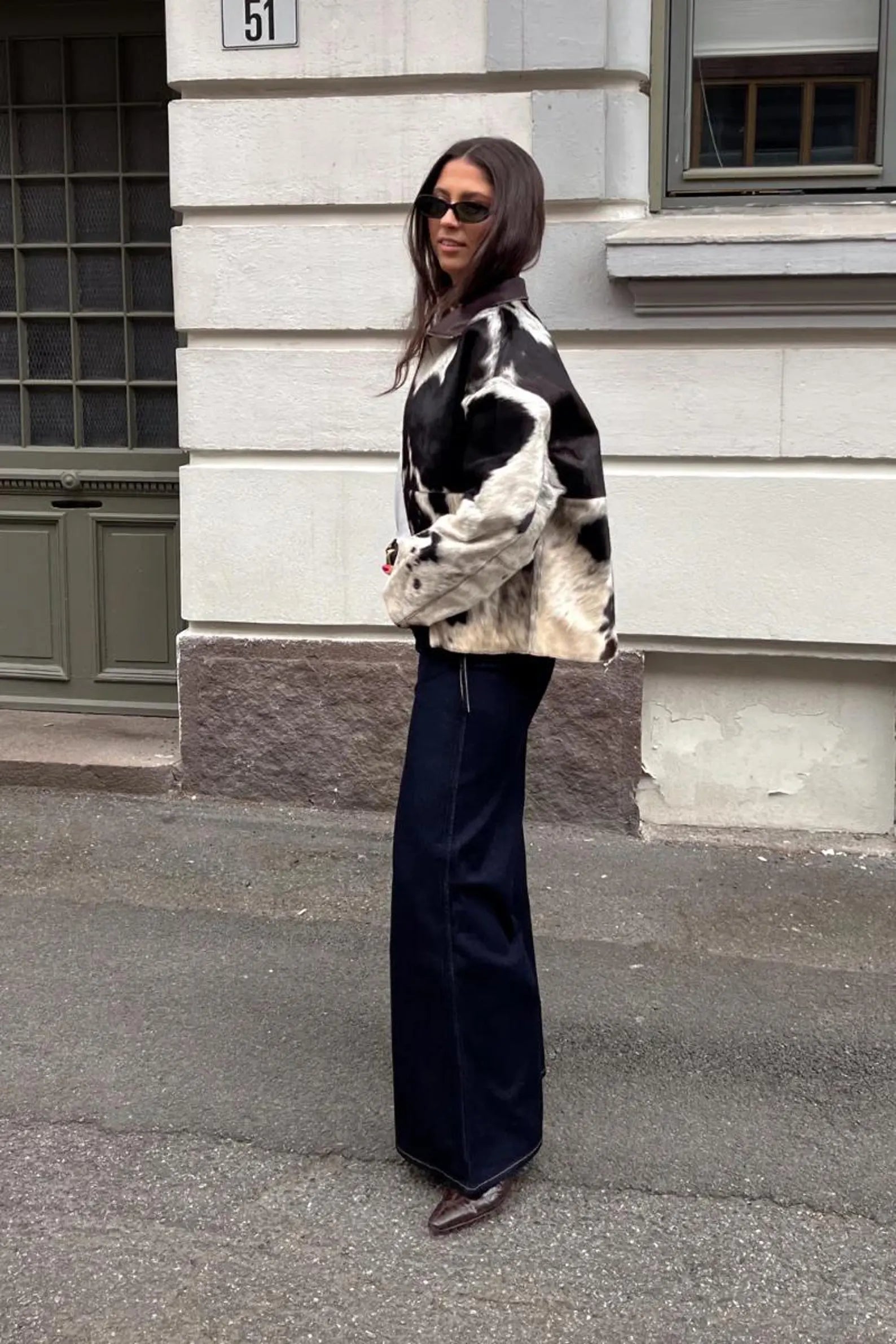 Women cowhide hair on leather jacket