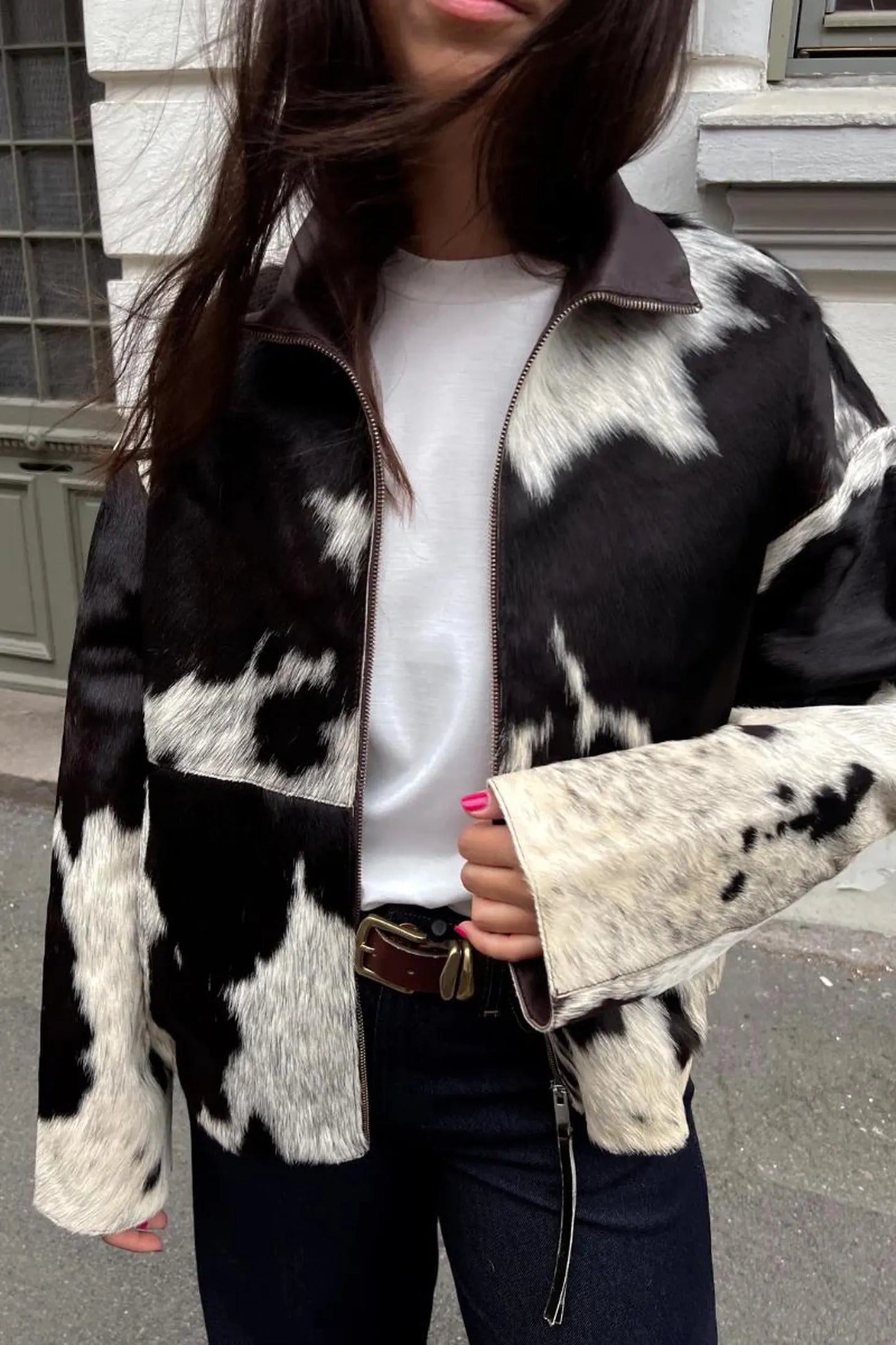 Women cowhide hair on leather jacket