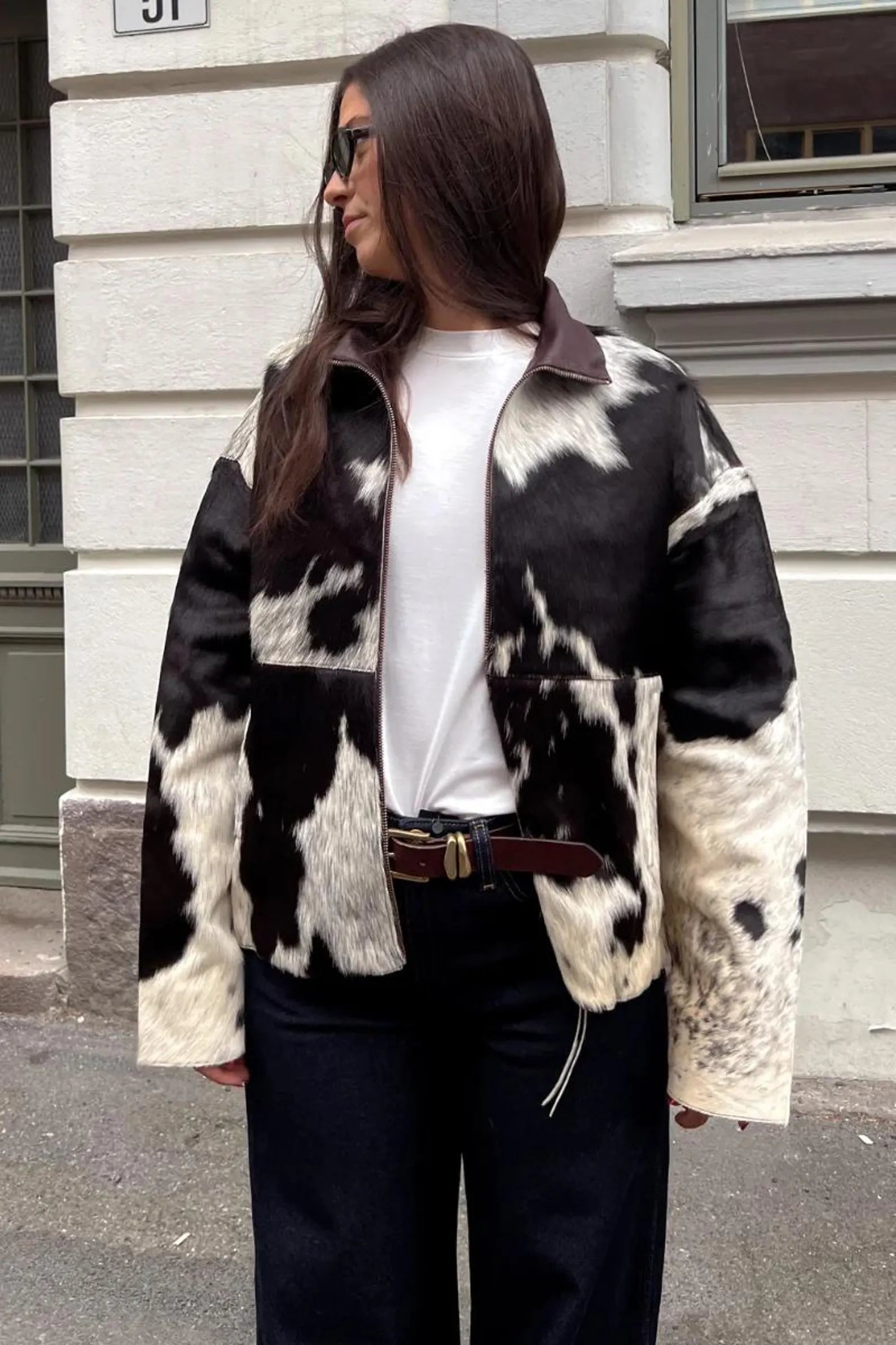 Women cowhide hair on leather jacket