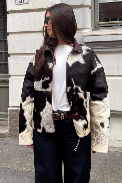 Women cowhide hair on leather jacket