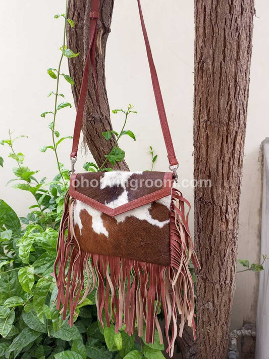 Brown White Cowhide Crossbody Messenger Bag