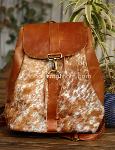 Cowhide Office Travel Backpack Brown White