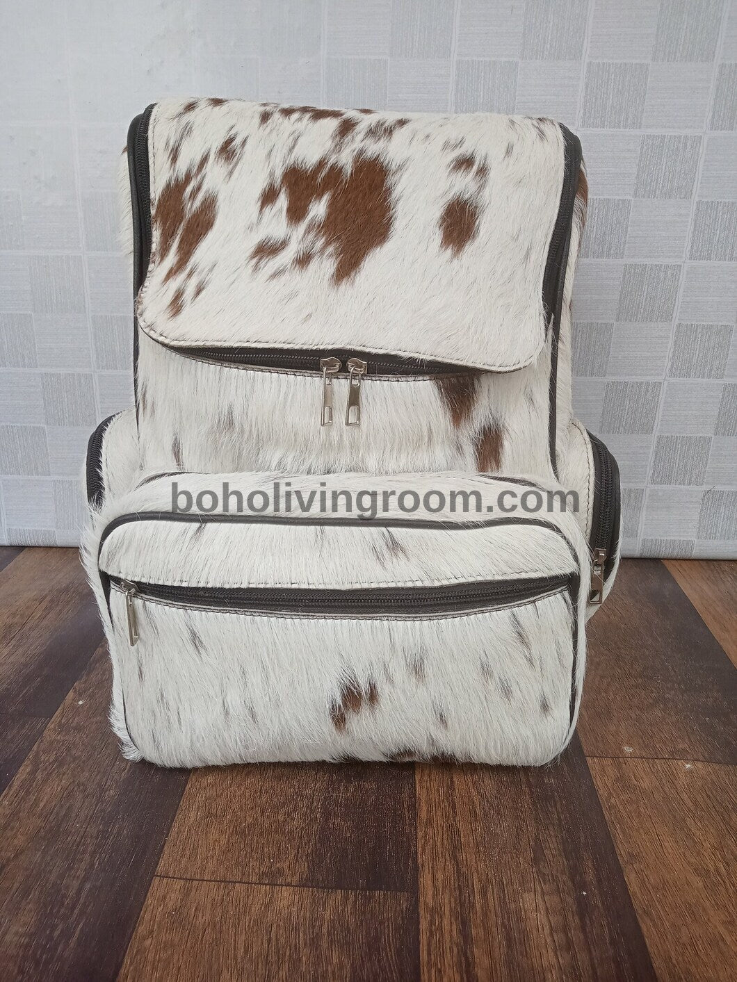 Cowhide Backpack Spotted Brown White