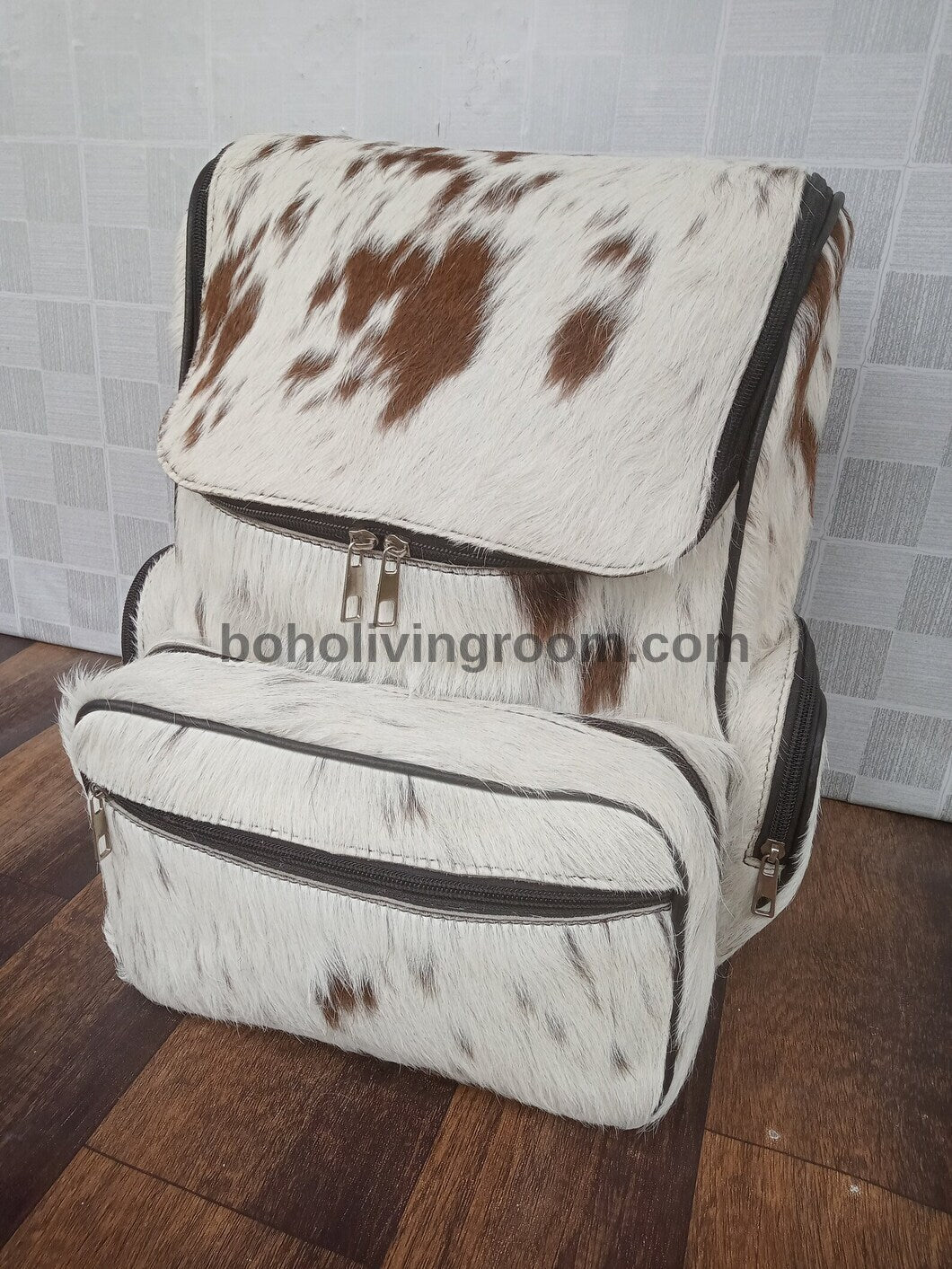 Cowhide Backpack Spotted Brown White