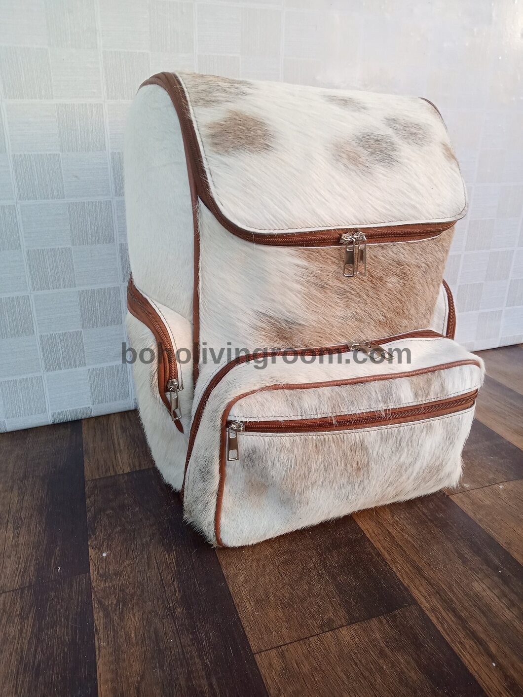 Cowhide Backpack Purse Tan White