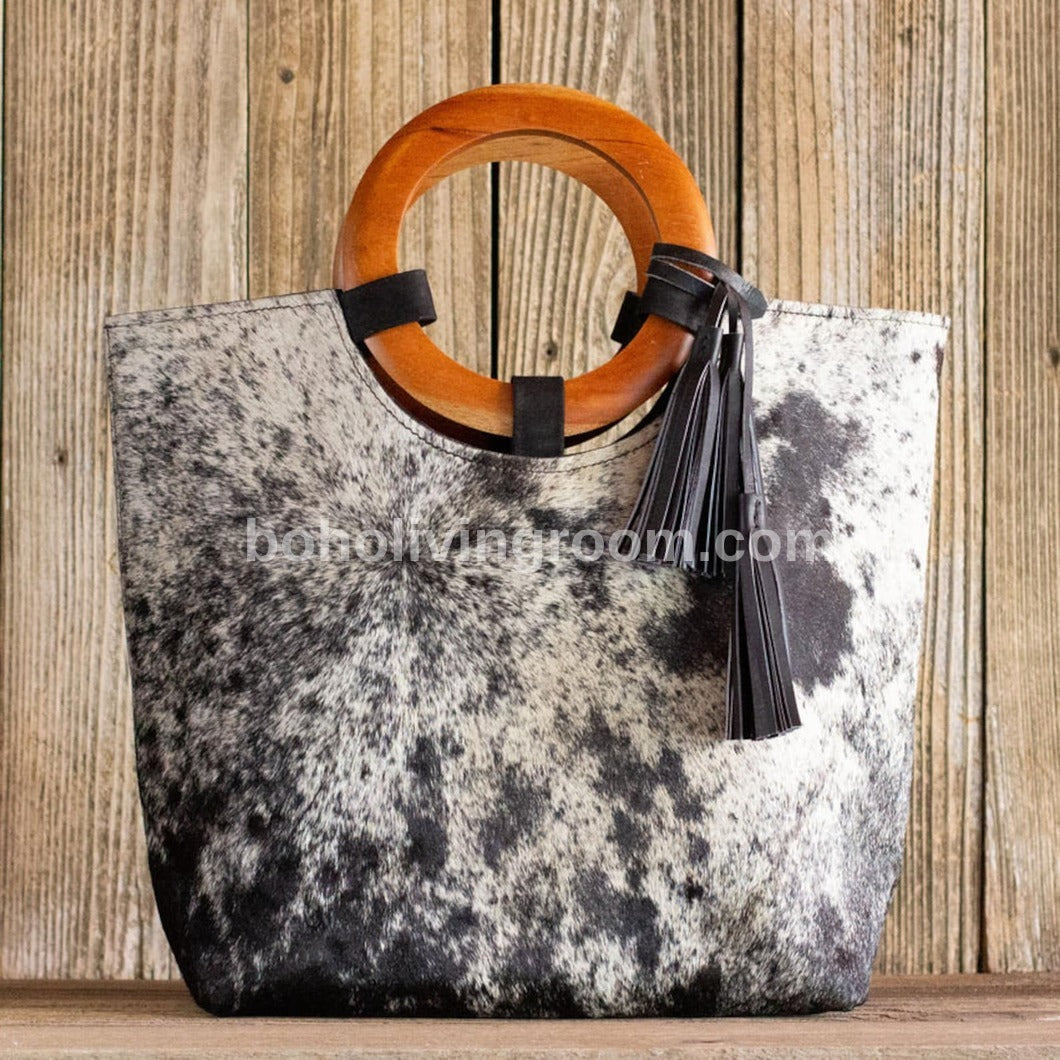 Cowhide Tote Bag With Wooden Handle