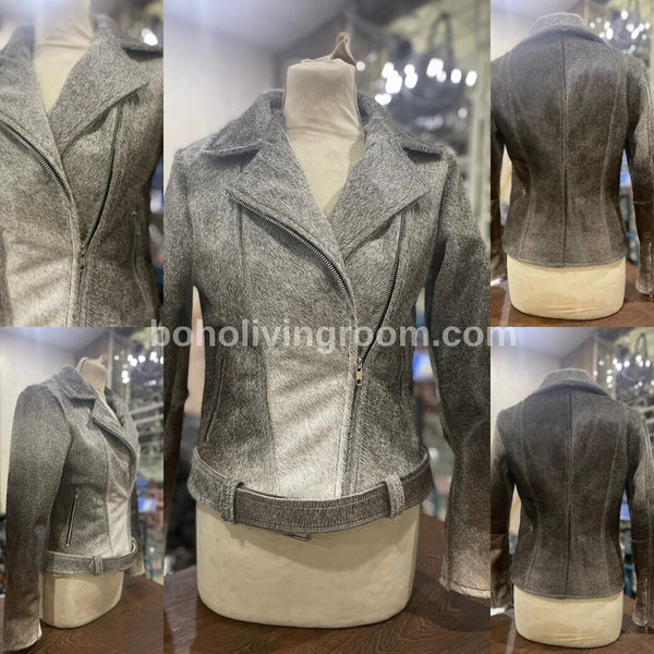 Real Cowhide Fur Jacket Solid Grey