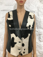 Black White Women Cowhide Fur Vest