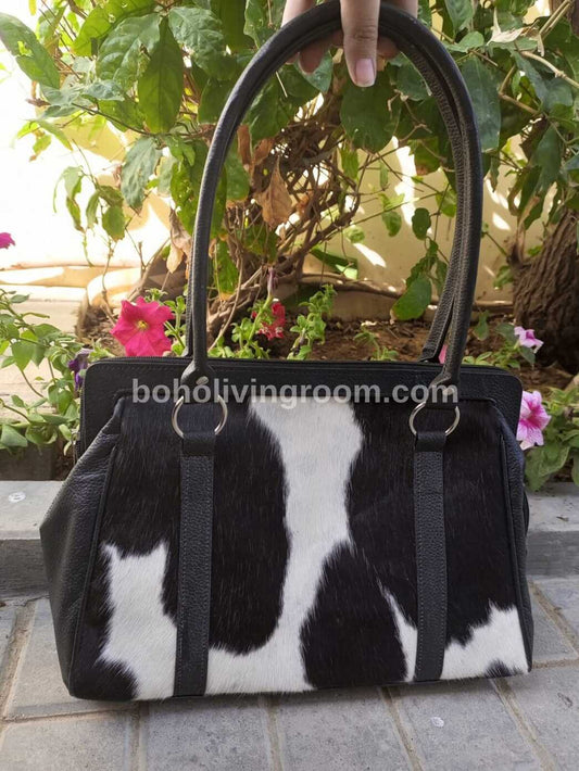 Spotted Black White Cowhide Shoulder Handbag