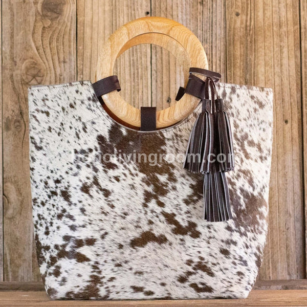 Cowhide Tote Bag With Wooden Handle