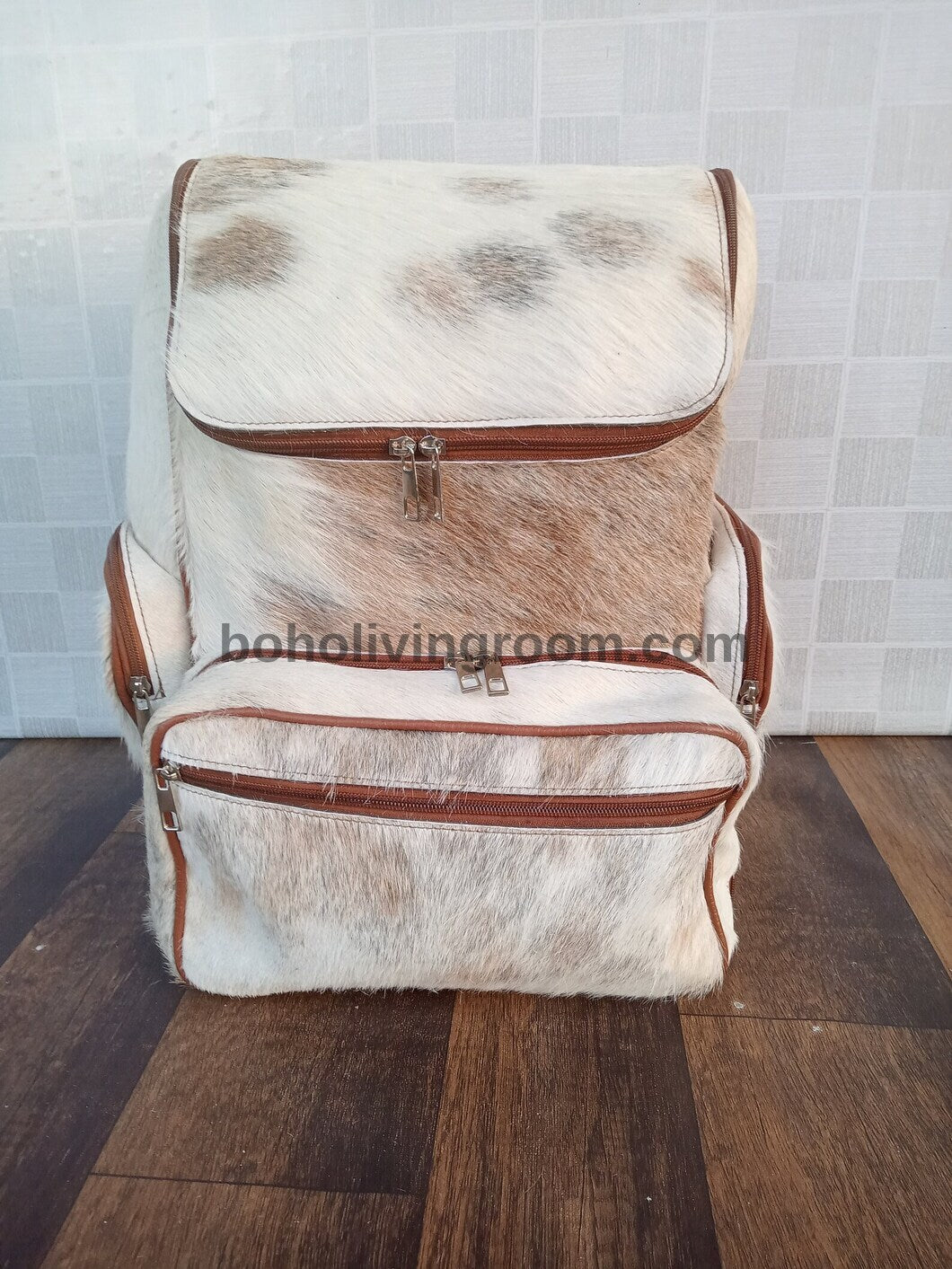 Cowhide Backpack Purse Tan White