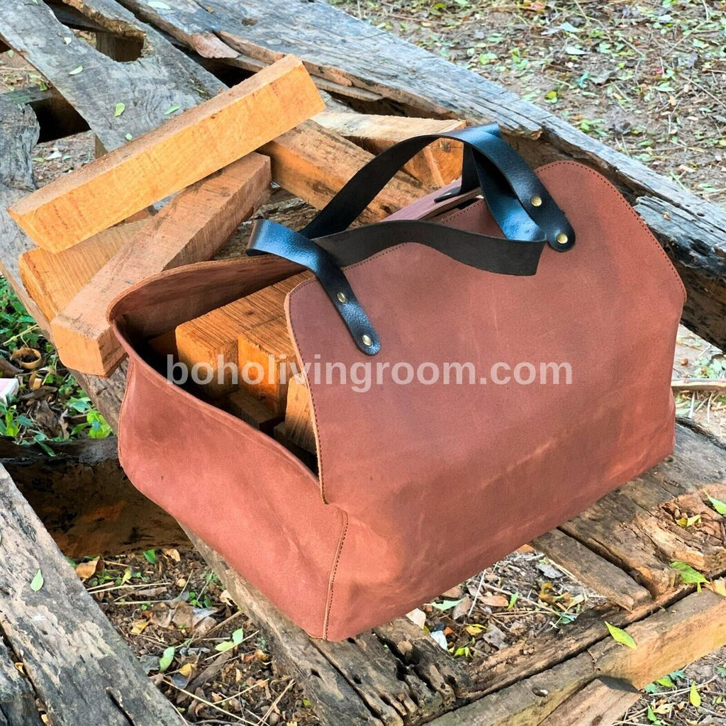 Leather Wood Carrier Tote Bag for Firewood, Real Heavy-Duty Fireplace Log Holder
