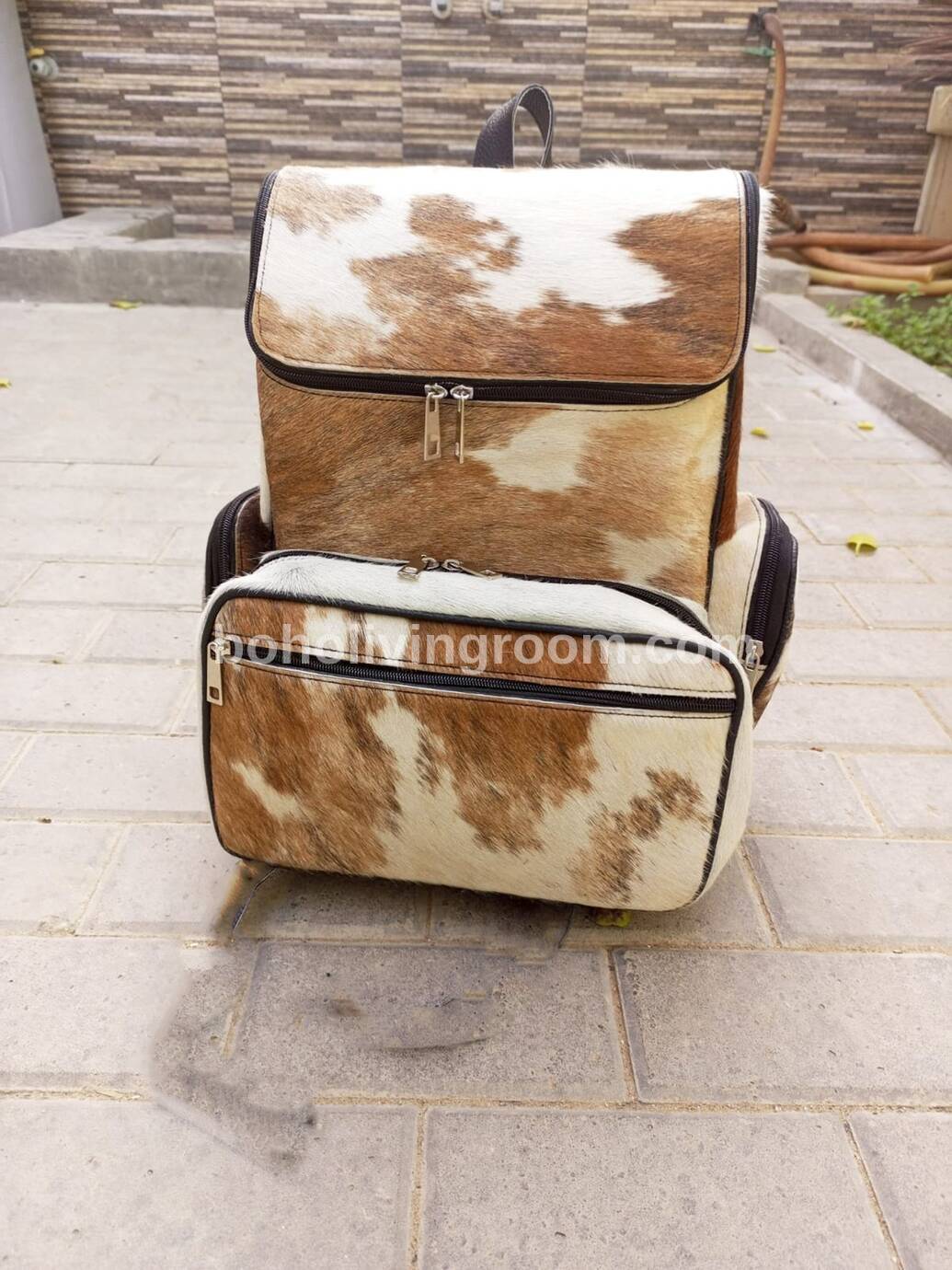 Cowhide Backpack Diaper Bag Brown White