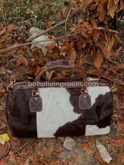 Natural Cowhide Duffel Bag Dark Brown White