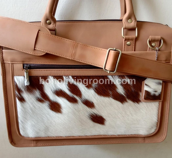 Brown White Cowhide Leather Briefcase Bag
