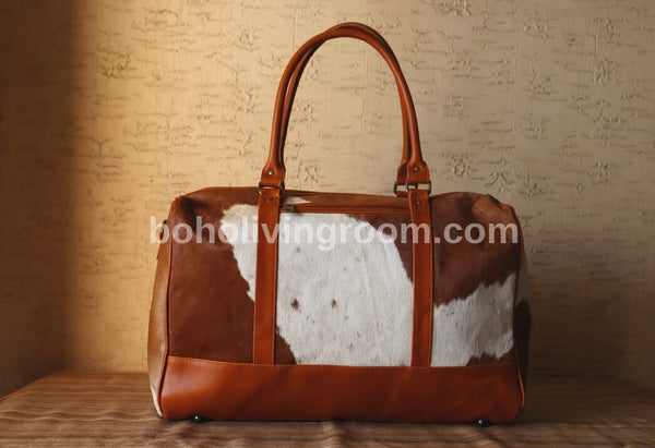Cowhide Travel Weekender Bag Brown White