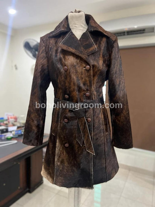 Brown Black Cowhide Fur Trench Coat