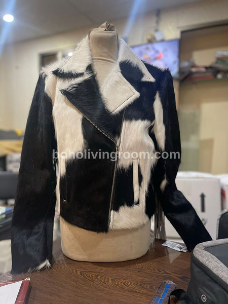 Black White Cow Fur Jacket With Fringes