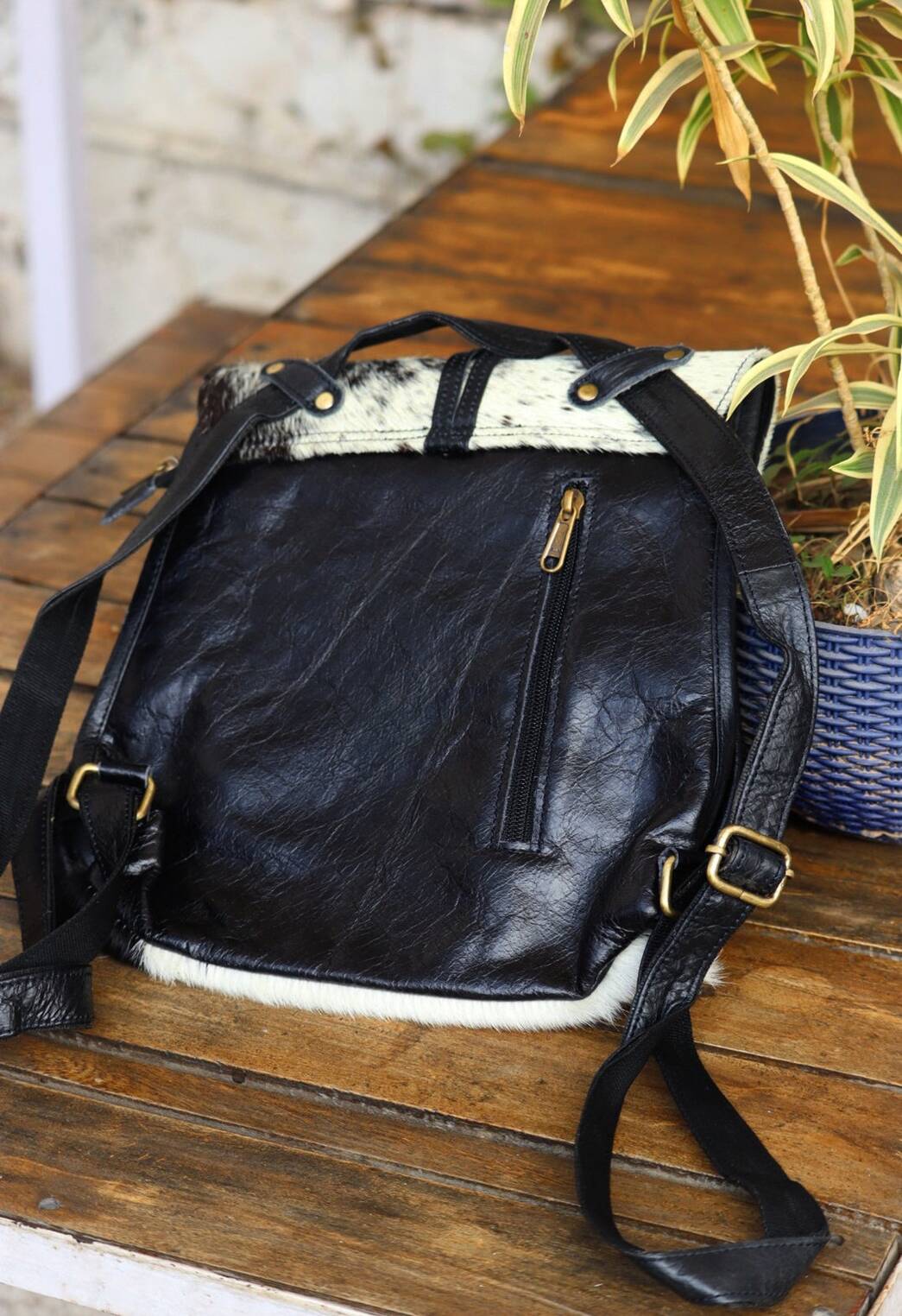 Natural Cowhide Backpack Speckled Black White