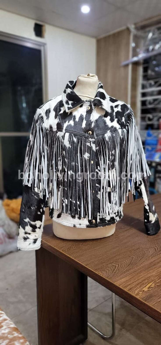 Black White Cowhide Jacket With Fringes