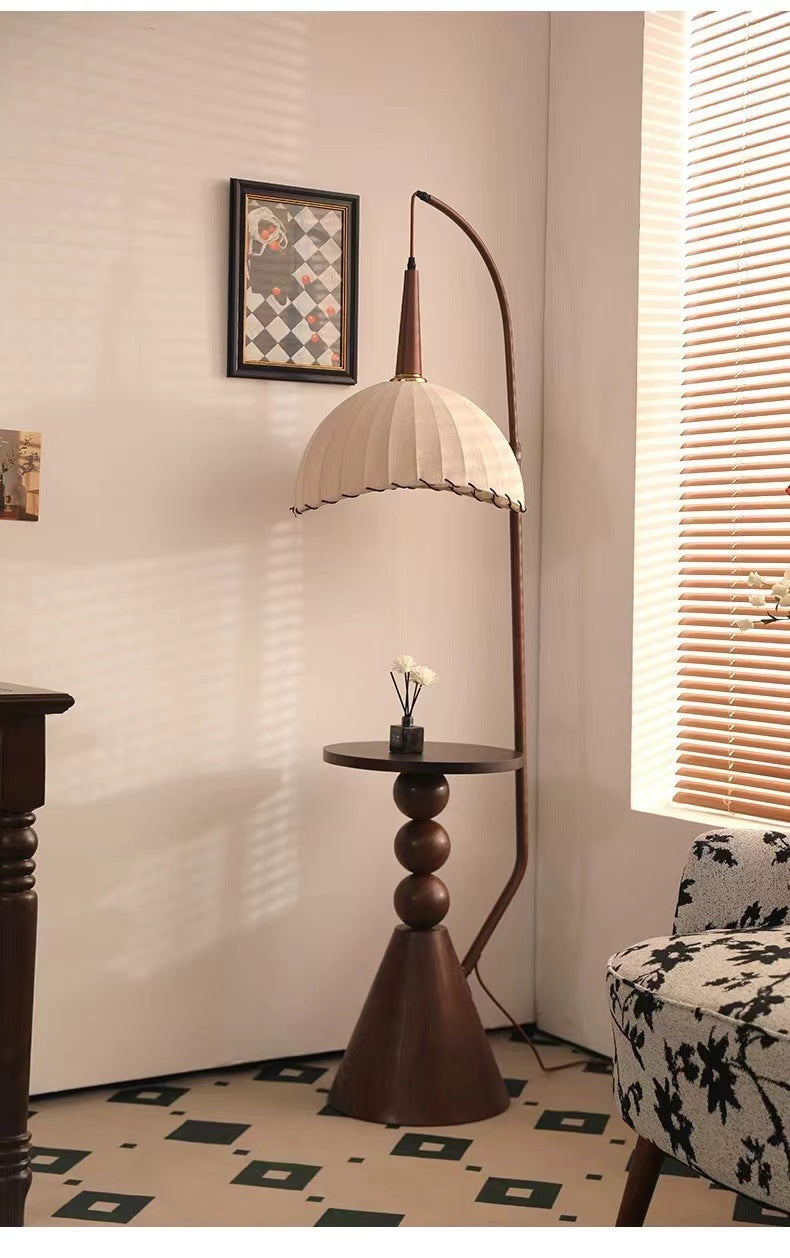 retro wood floor lamp with side shelf lighting