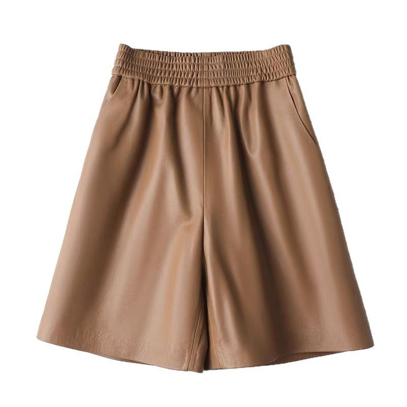 High waisted genuine sheepskin wide leg shorts Khaki M