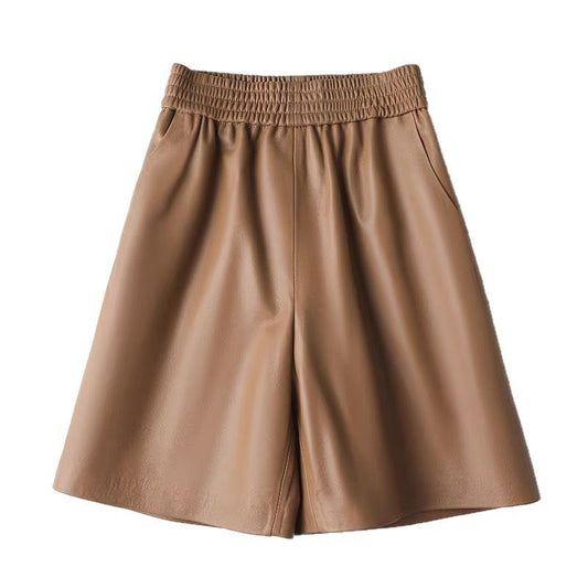 High waisted genuine sheepskin wide leg shorts Khaki M