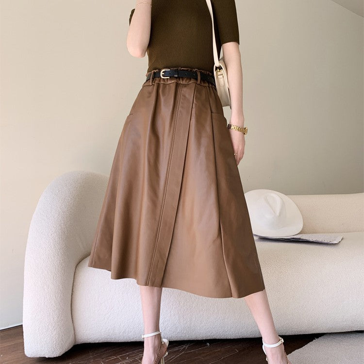 Sheepskin a-line leather midi skirt belt Khaki S