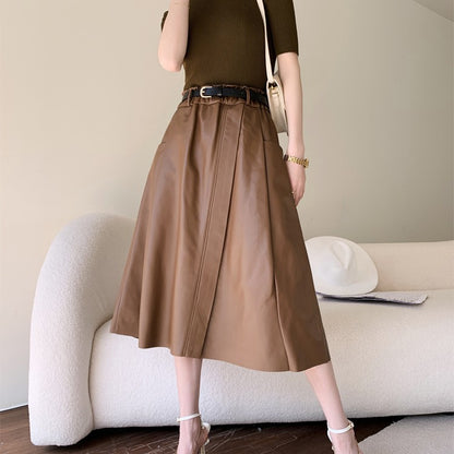 Sheepskin a-line leather midi skirt belt Khaki S