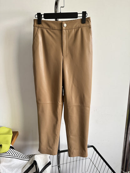 Womens genuine leather high waisted cropped pants