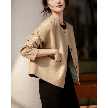 Round neck cropped sheepskin leather jacket